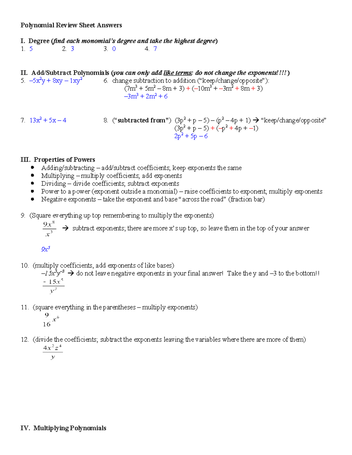 Polynomialreviewanswers - Polynomial Review Sheet Answers I. Degree ...
