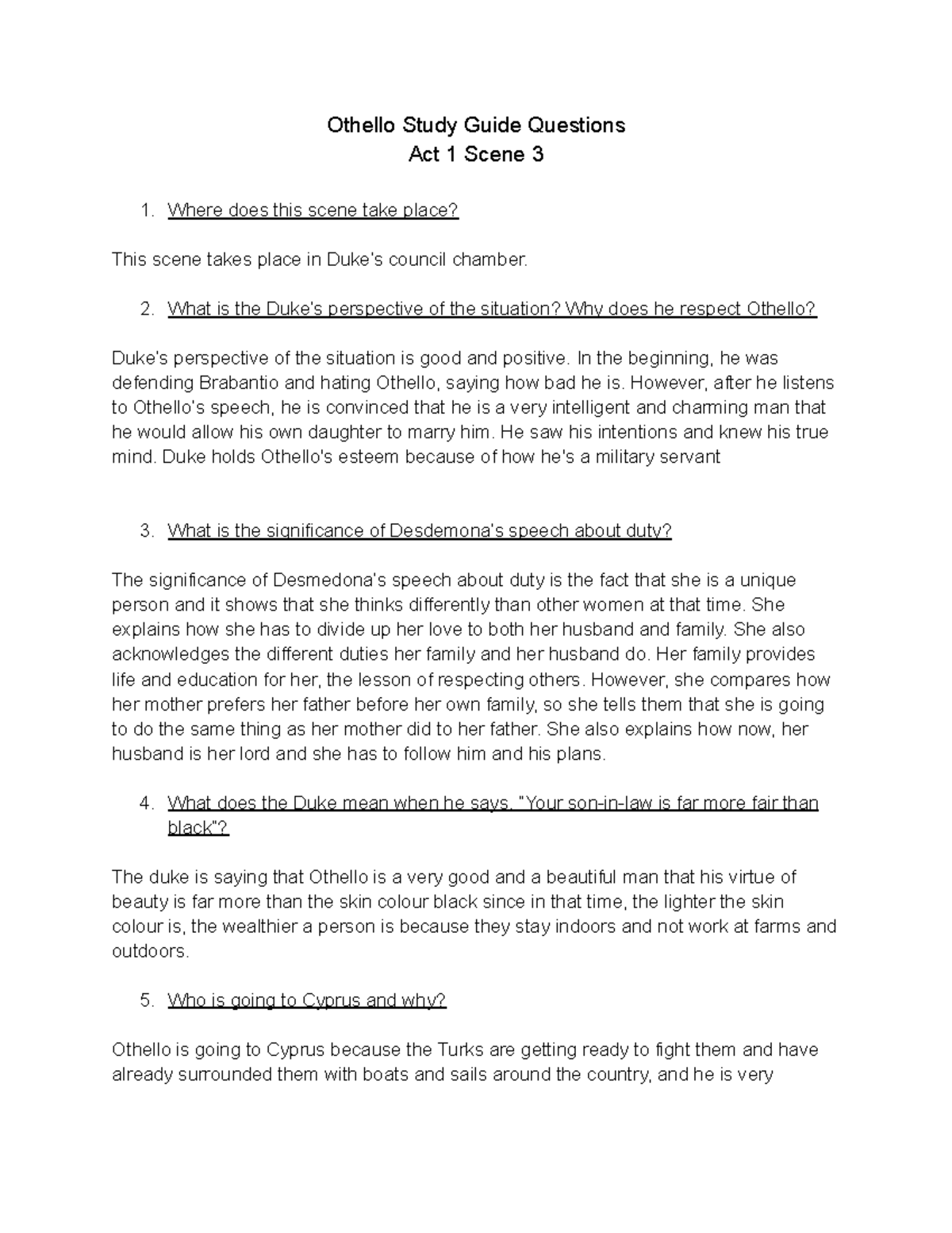 Othello Act 1 Scene 3 Questions, English Othello Study Guide
