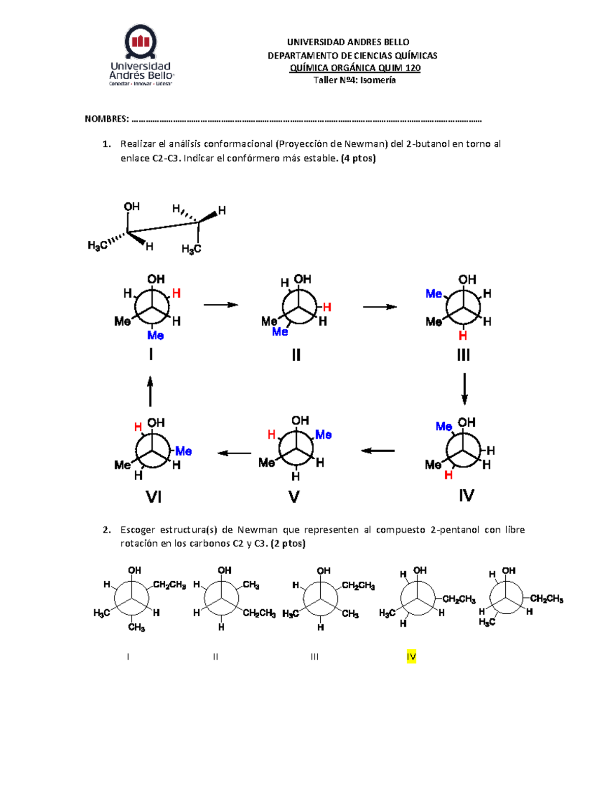 Pauta Taller 4. Isomeria Forma A - UNIVERSIDAD ANDRES BELLO ...