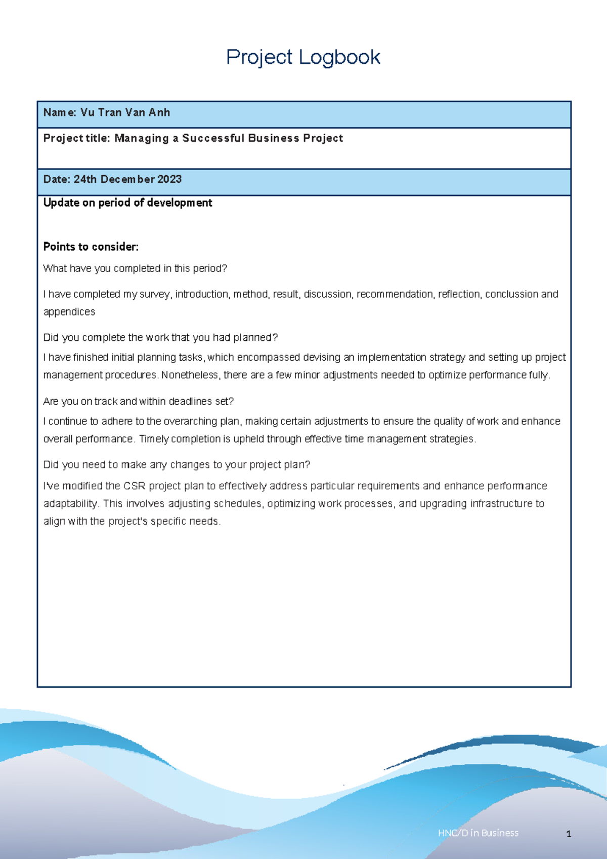 Project Logbook Template - HNC/D in Business 1 Project Logbook Name: Vu ...