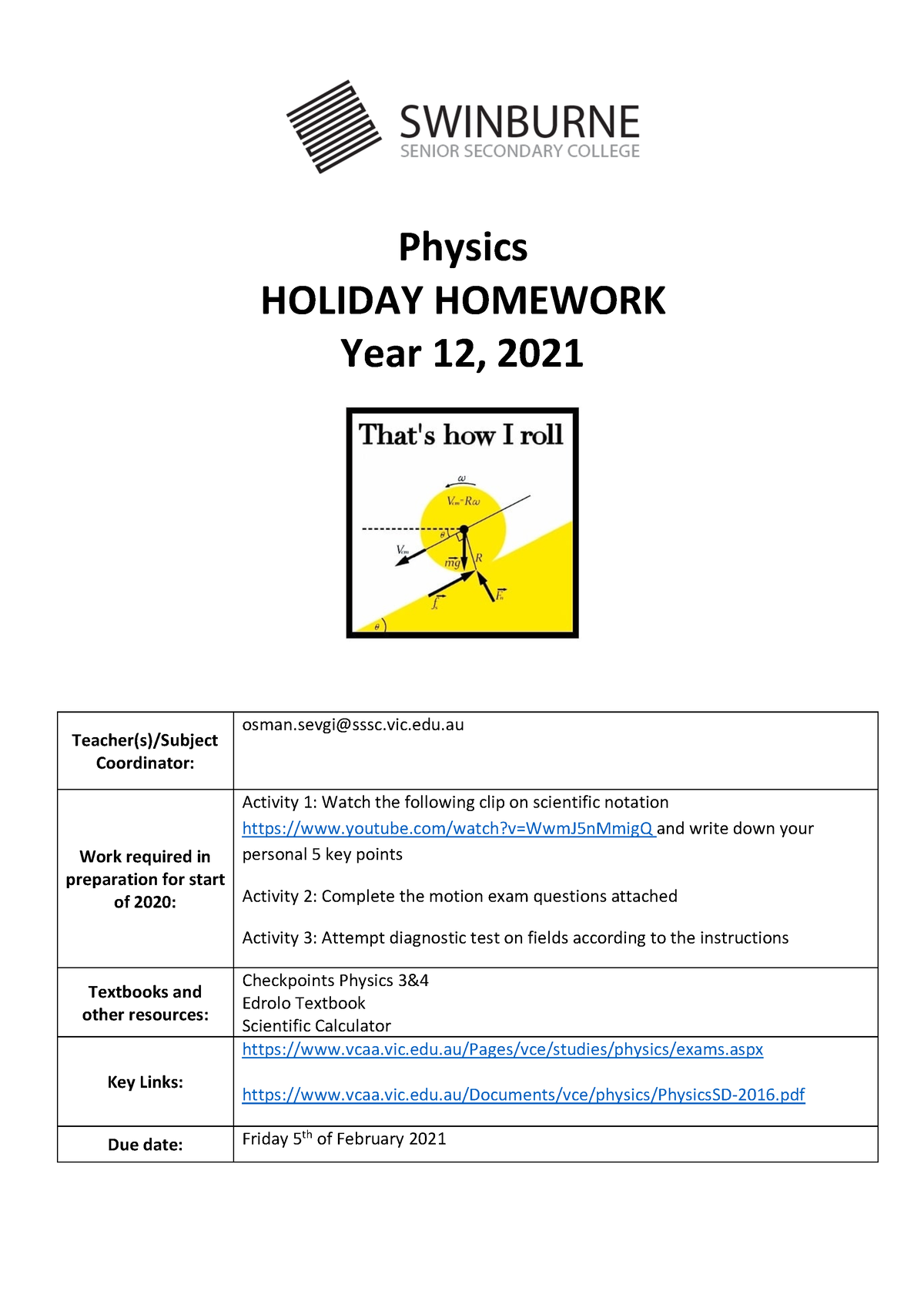 physics holiday homework design