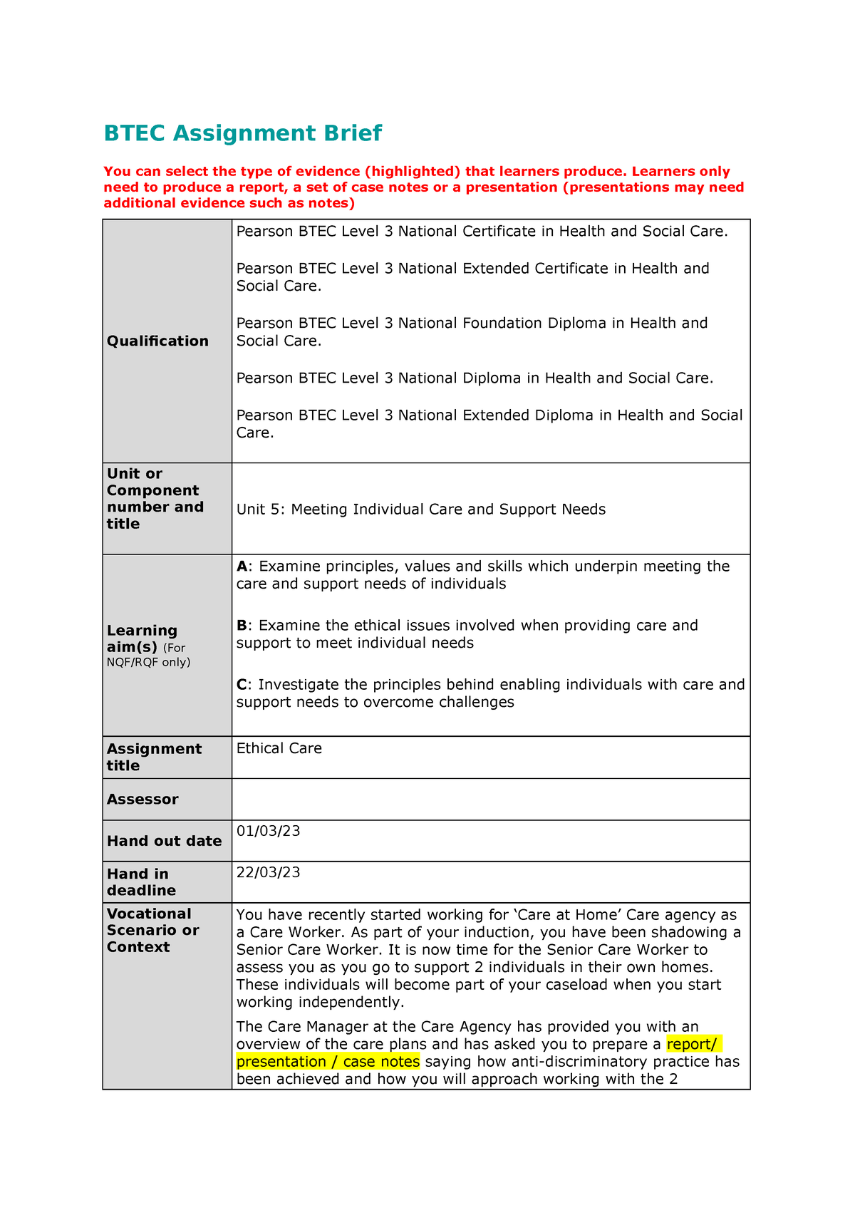 btec assignment brief health and social care