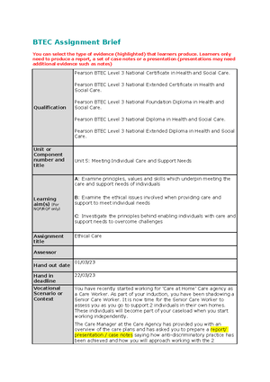 unit 19 health and social care assignment brief