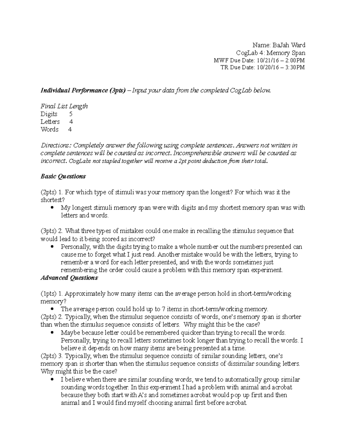 Cog Lab+4 - WATSON - Name: BaJah Ward CogLab 4: Memory Span MWF Due ...