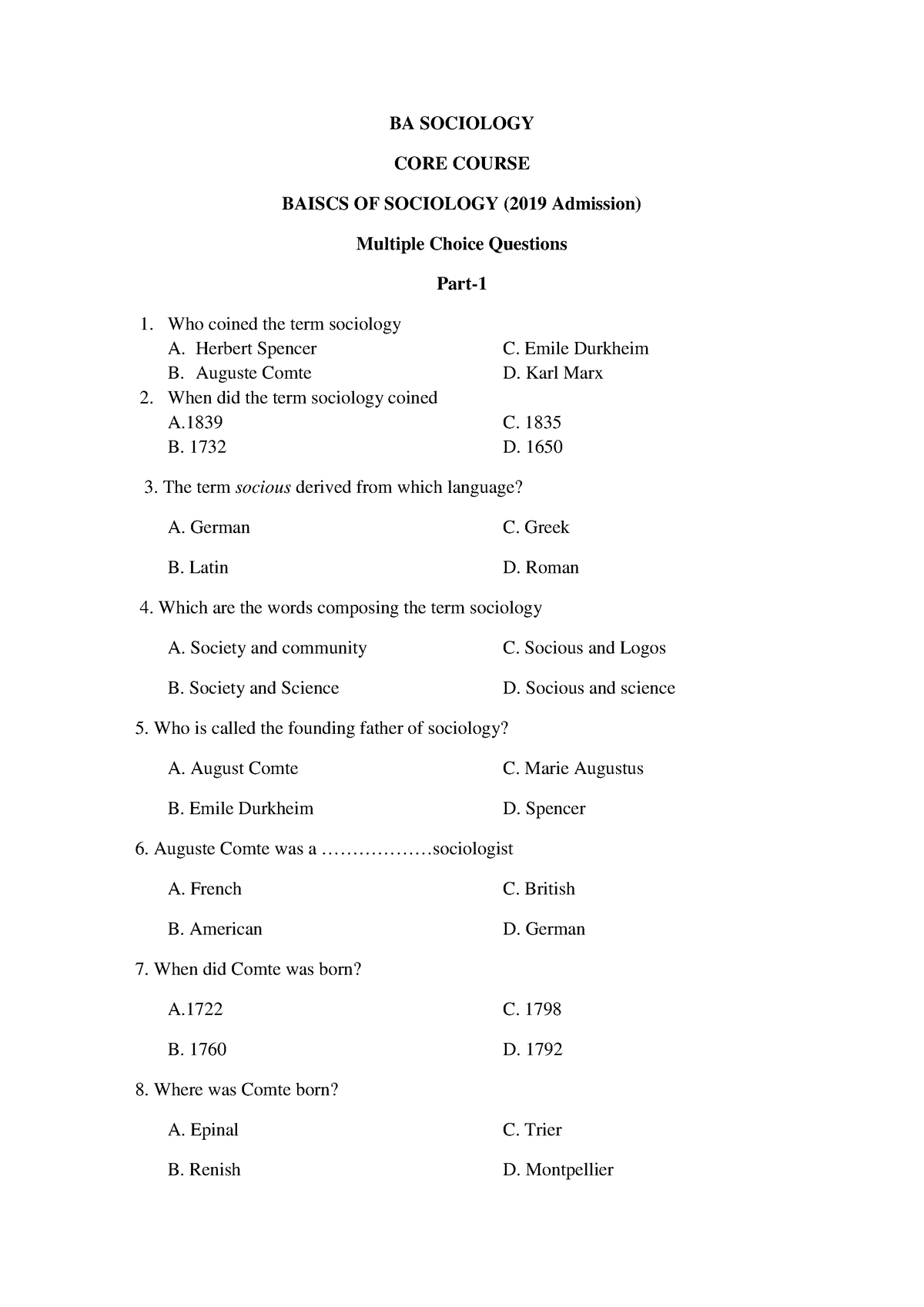 MCQ-Basics Of Sociology - BA SOCIOLOGY CORE COURSE BAISCS OF SOCIOLOGY ...