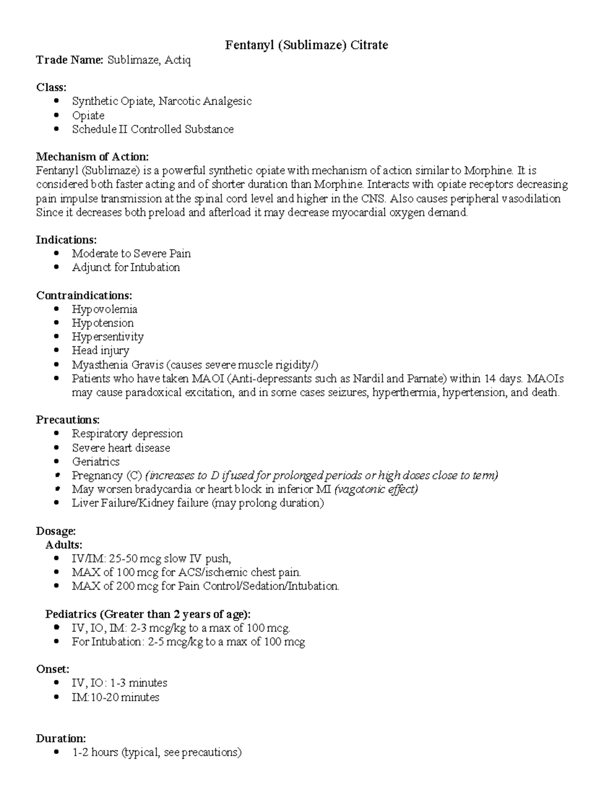 Pharmacology Handout 2020 - Fentanyl (Sublimaze) Citrate Trade Name ...