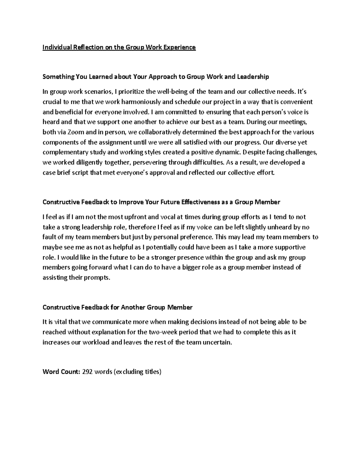 Individual Reflection - It’s crucial to me that we work harmoniously ...