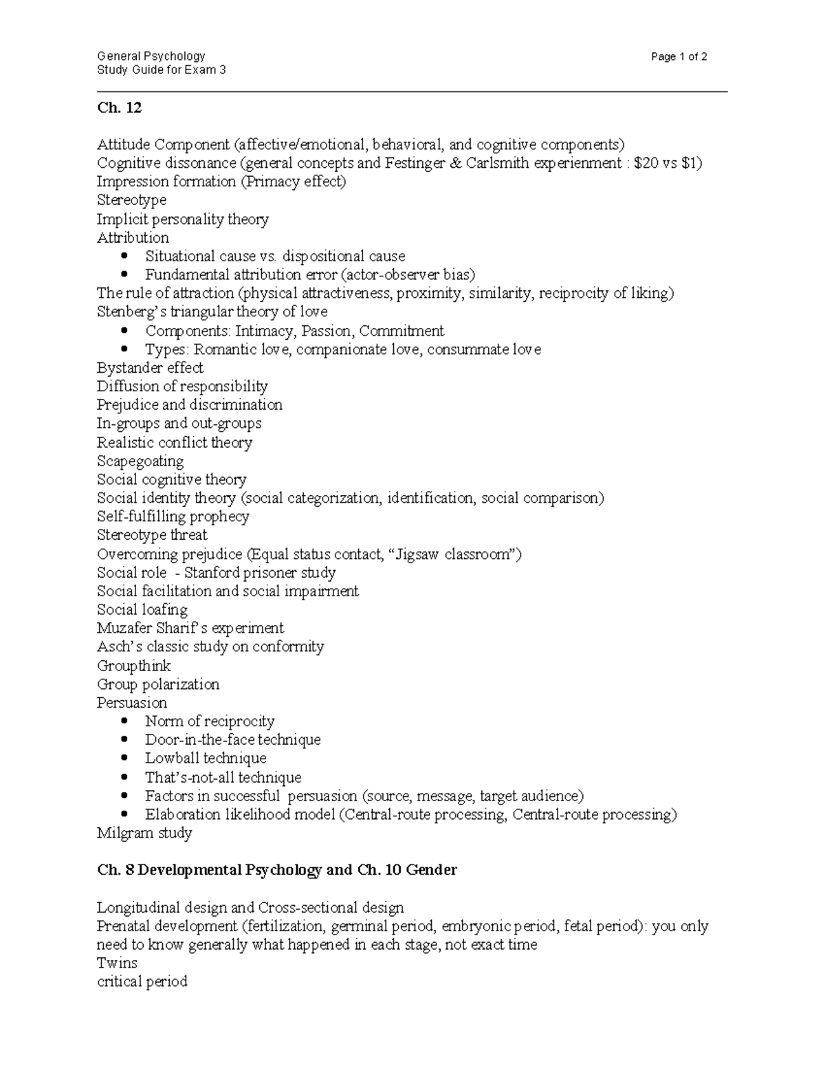 Exam3 studyguide-2 - exam study guide - General Psychology Page 1 of 2 ...