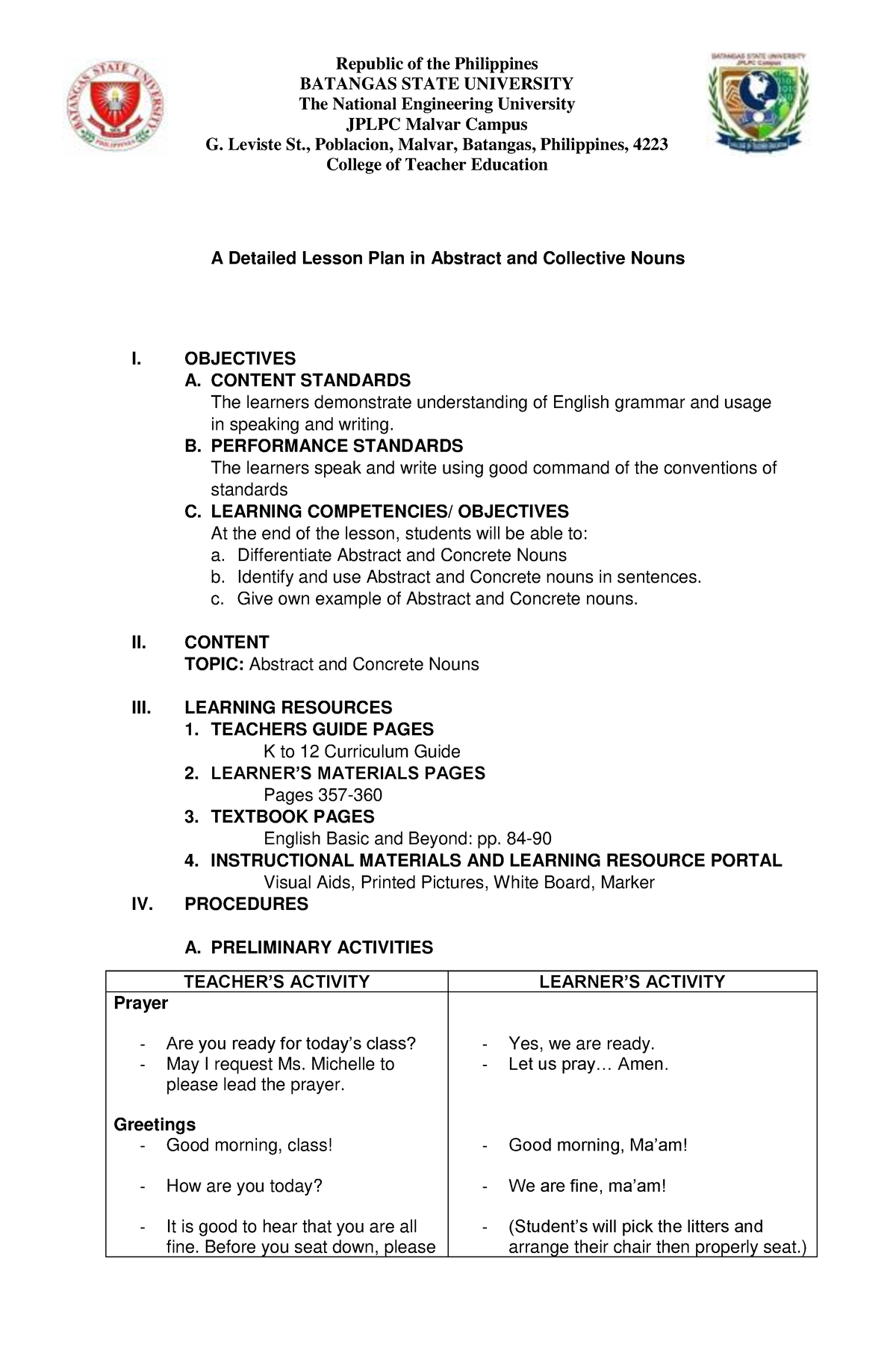 A Detailed Lesson Plan in Abstract and Collective Nouns - Republic of ...