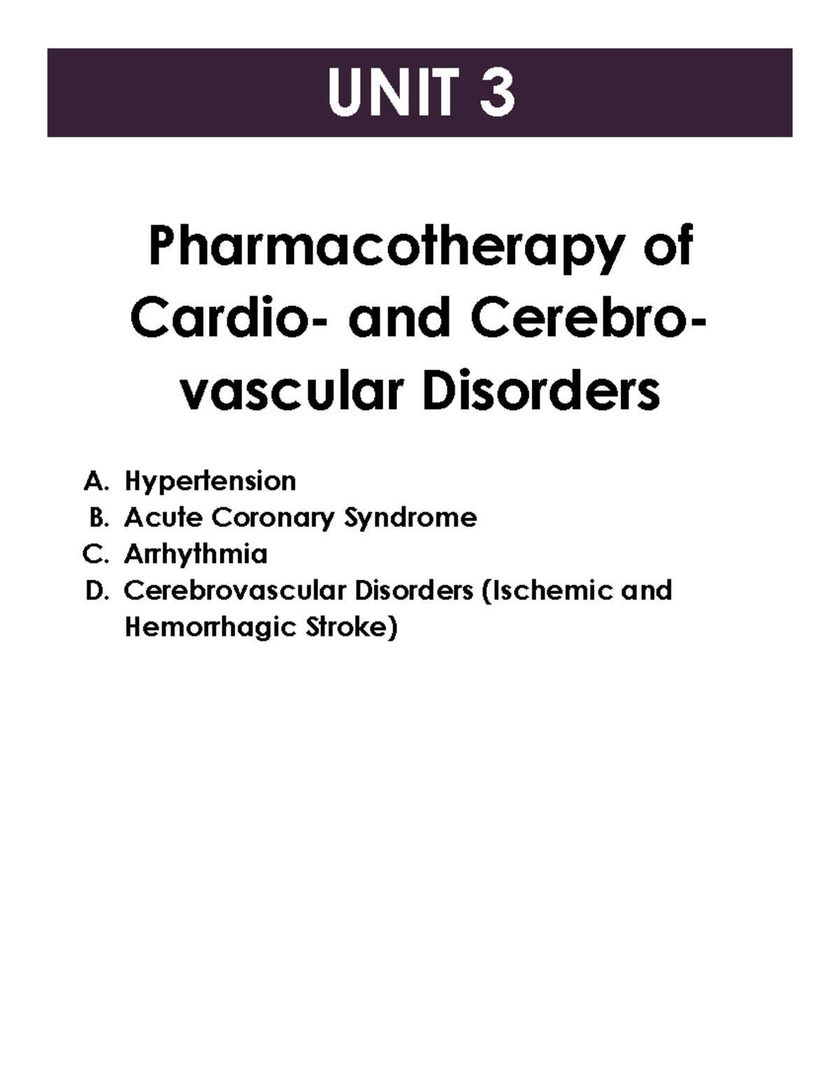 UNIT 3 LAB Cardio - UNIT 3 Pharmacotherapy of Cardio- and Cerebro ...