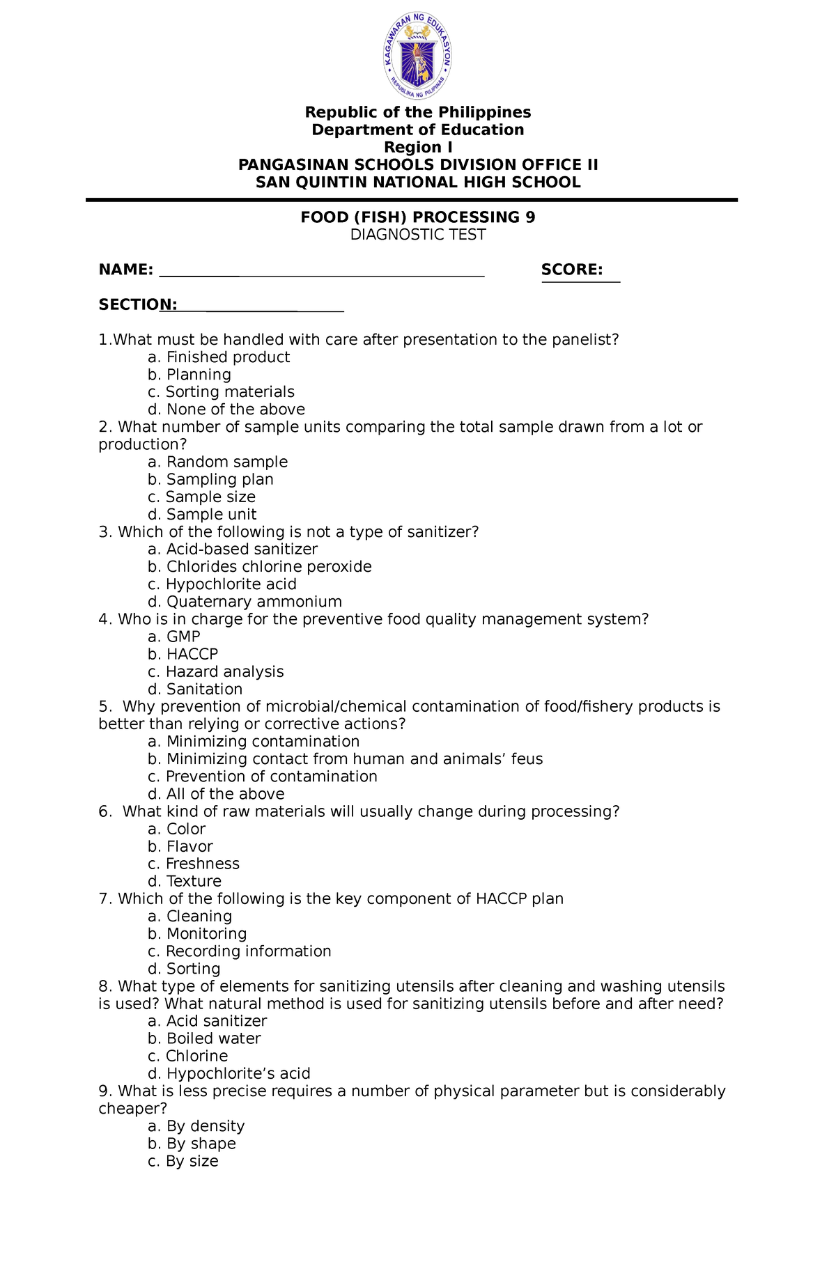 Dianostic EXAM - DIAGNOSTIC EXAM - Republic of the Philippines ...