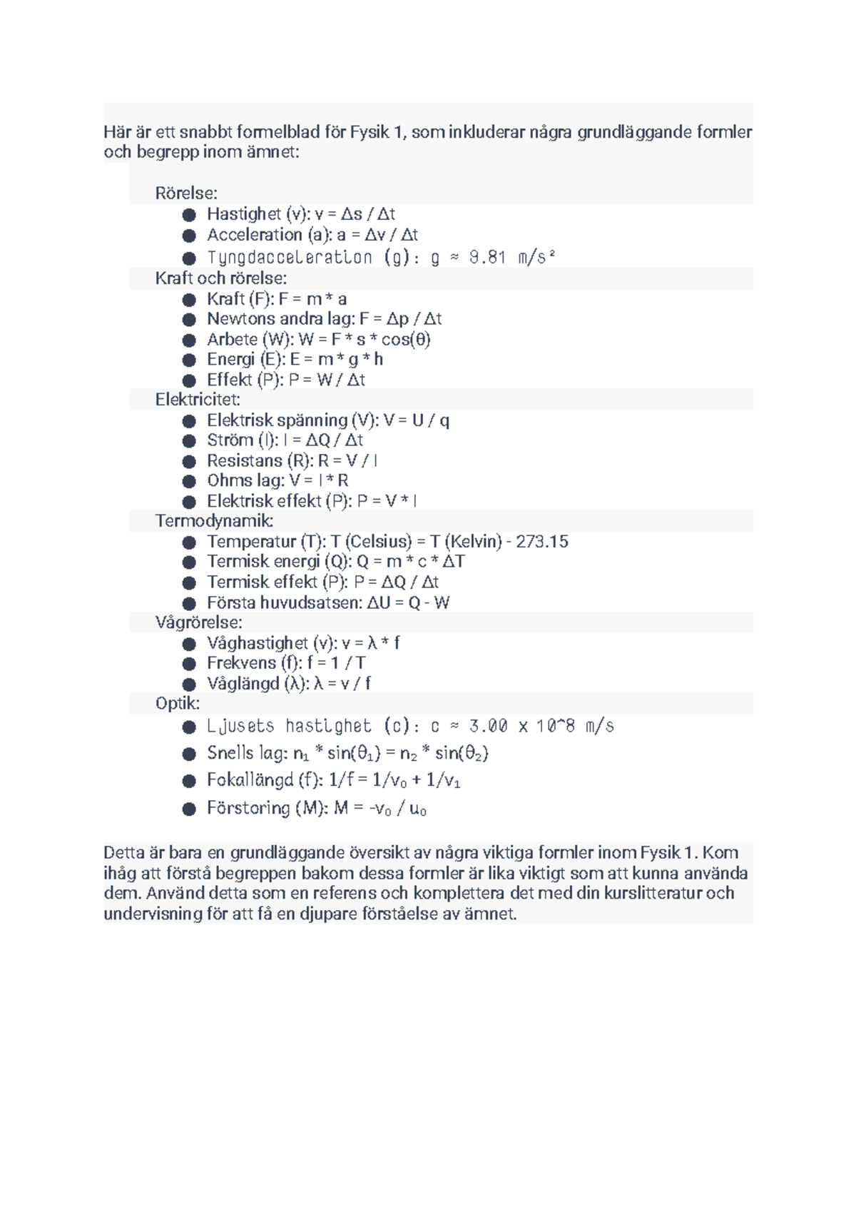 Fysik Vt - Formelblad - Här är Ett Snabbt Formelblad För Fysik 1, Som ...
