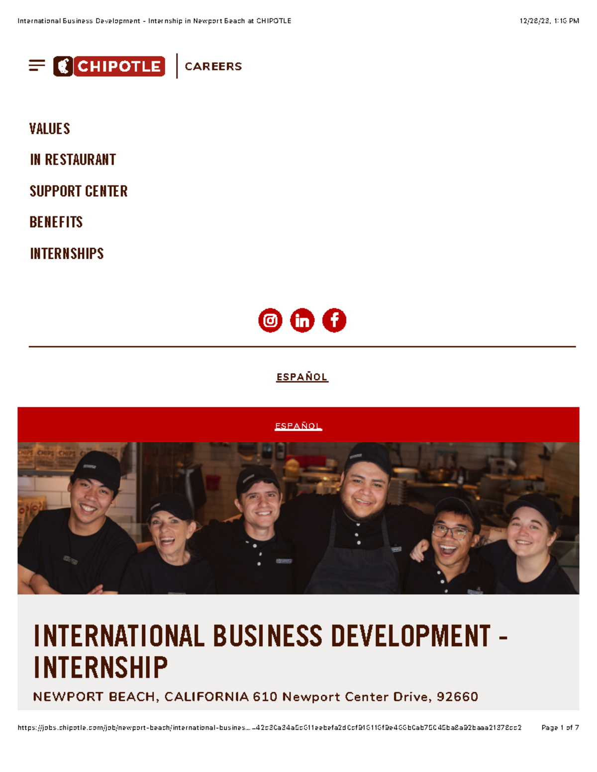 Chipotle International Business Development Internship in Newport