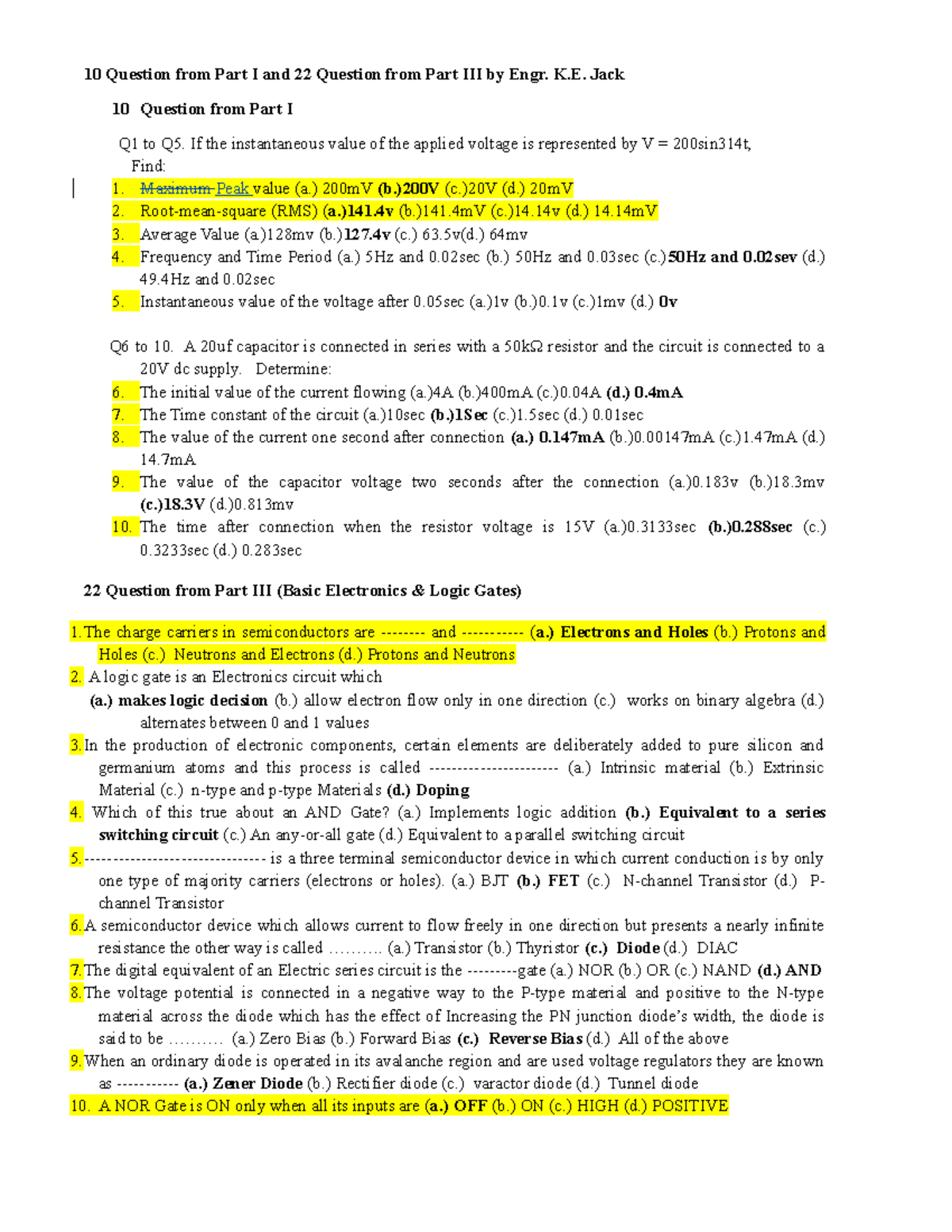 Basic Electrical Engineering - 10 Question from Part I and 22 Question ...