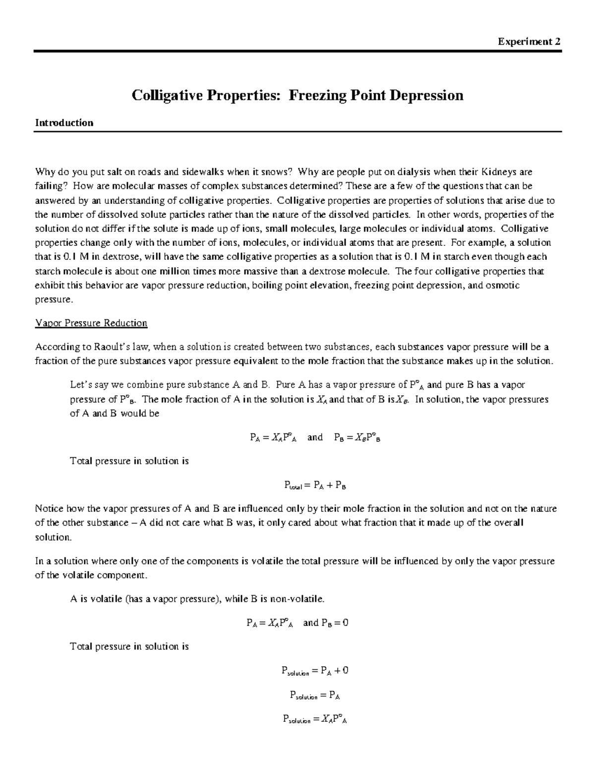 experiment 2 colligative properties freezing point depression