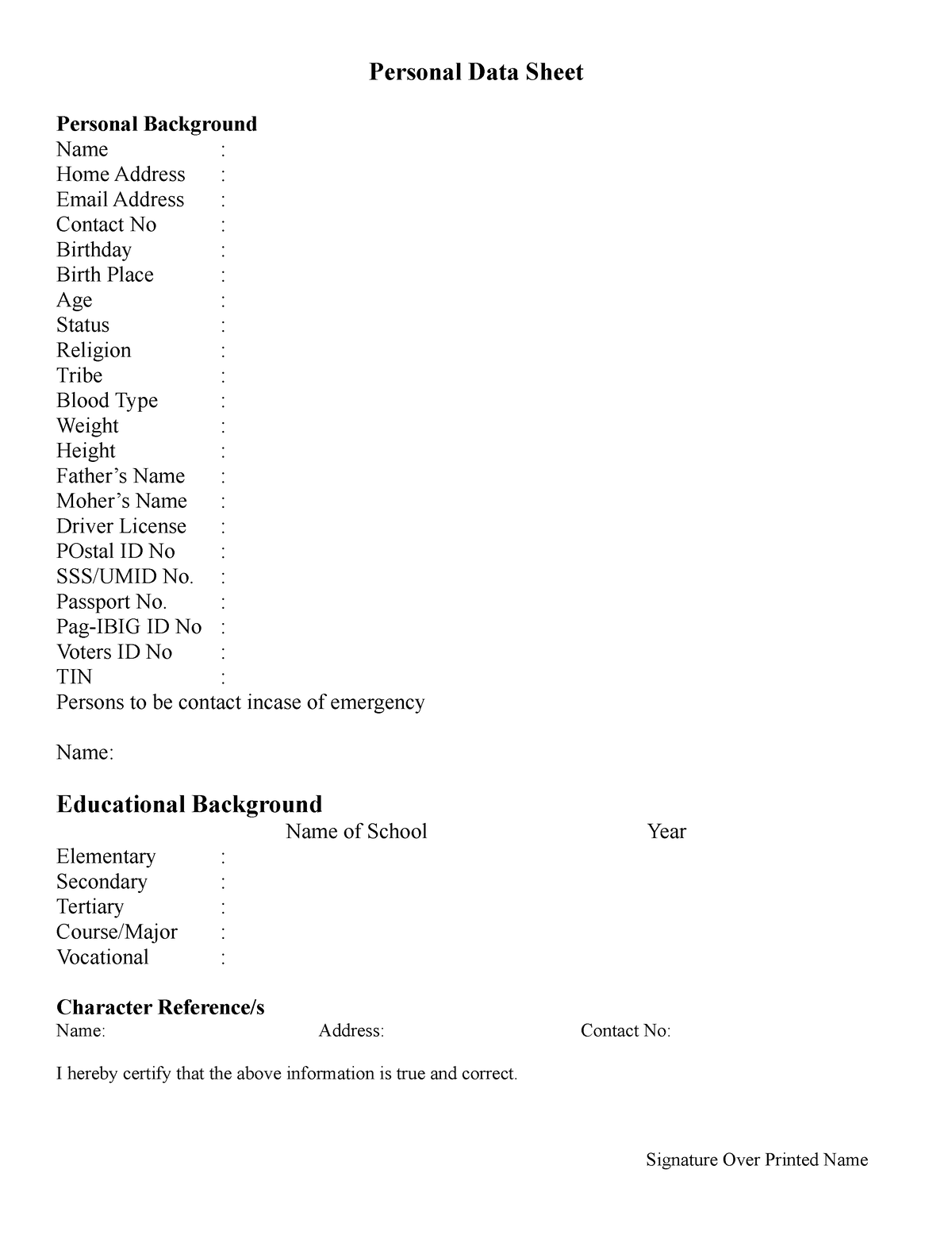 Bio - Format of biodata - Personal Data Sheet Personal Background Name ...