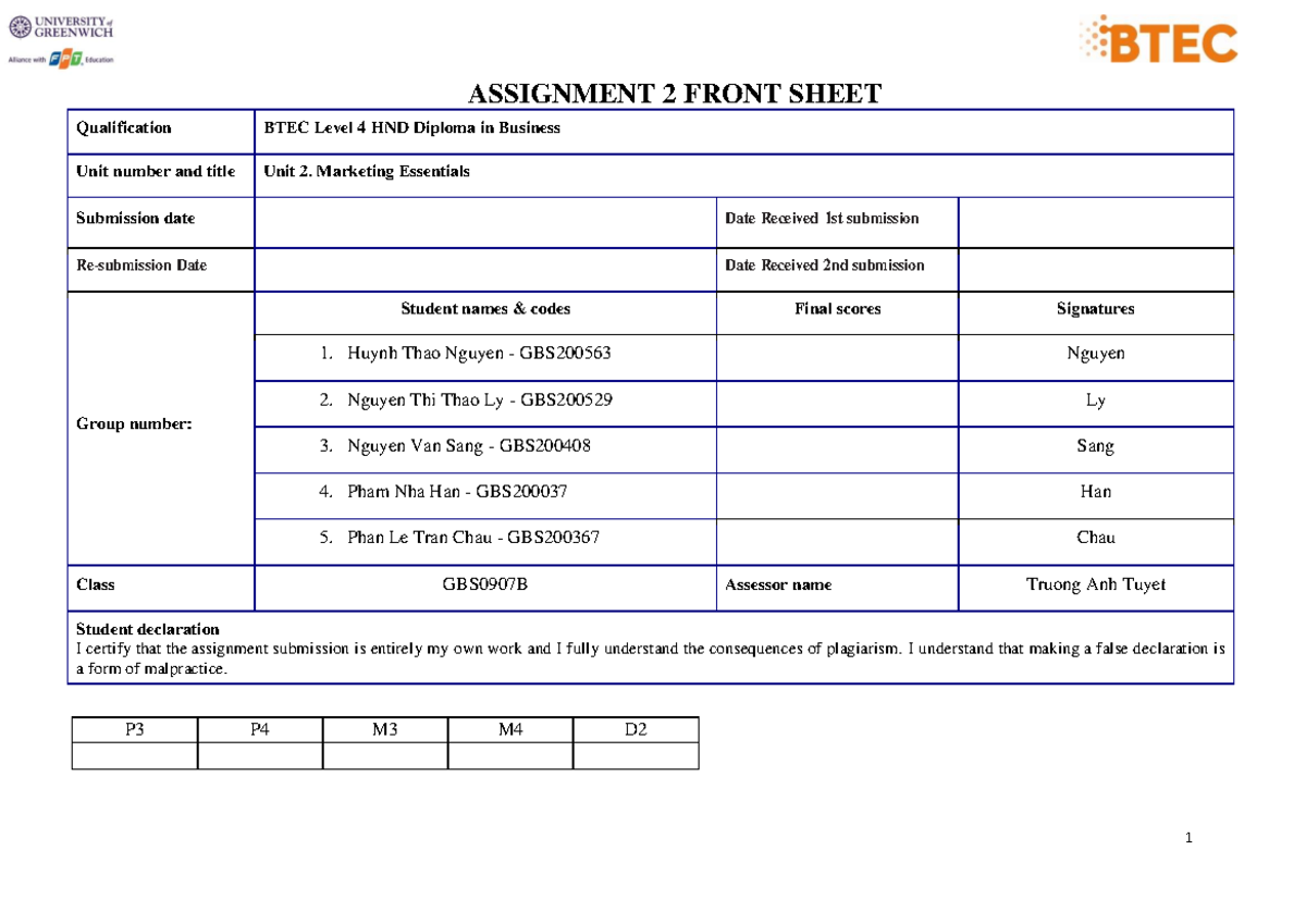 ASM 2 - assignment 2 - ASSIGNMENT 2 FRONT SHEET Qualification BTEC ...