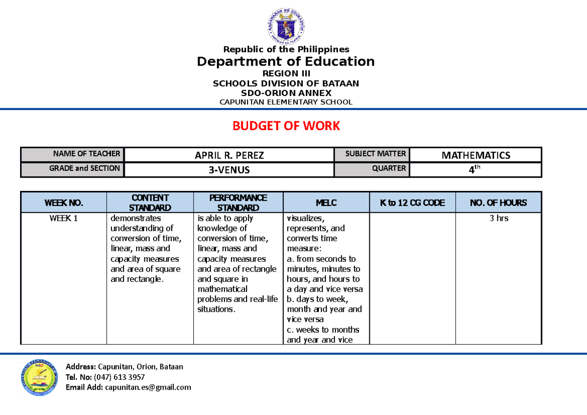 MATH - budget of work - Department of Education REGION III SCHOOLS ...