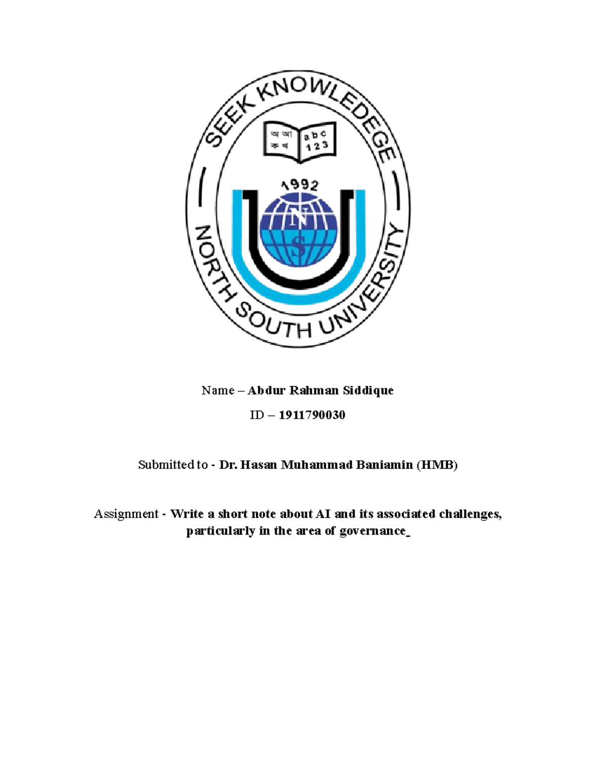 Abdur Rahman Siddique 1911790030 Short Note On AI Name Abdur Rahman