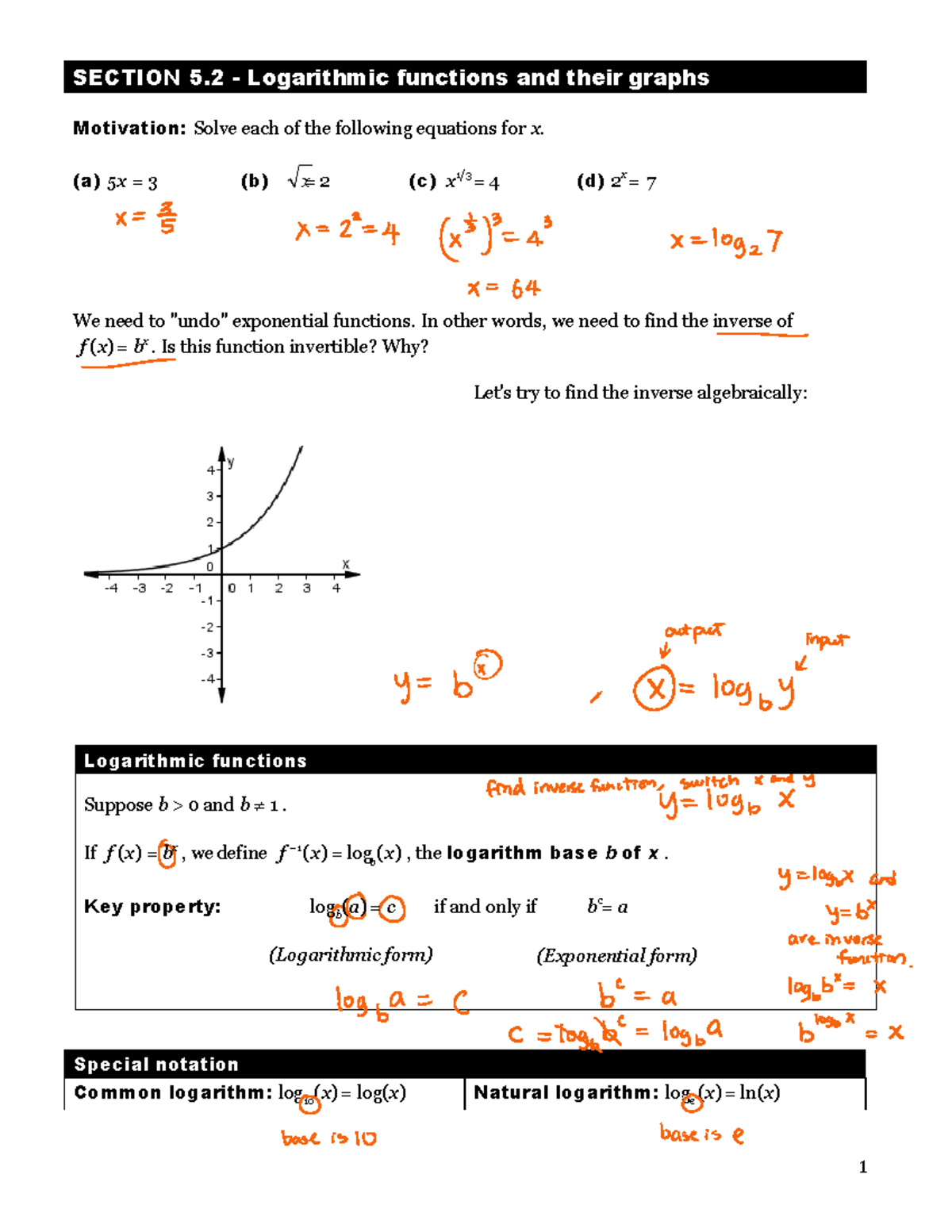 120 15F notes 5 - Chapter 5.2 Review - x SECTION 5 - Logarithmic ...