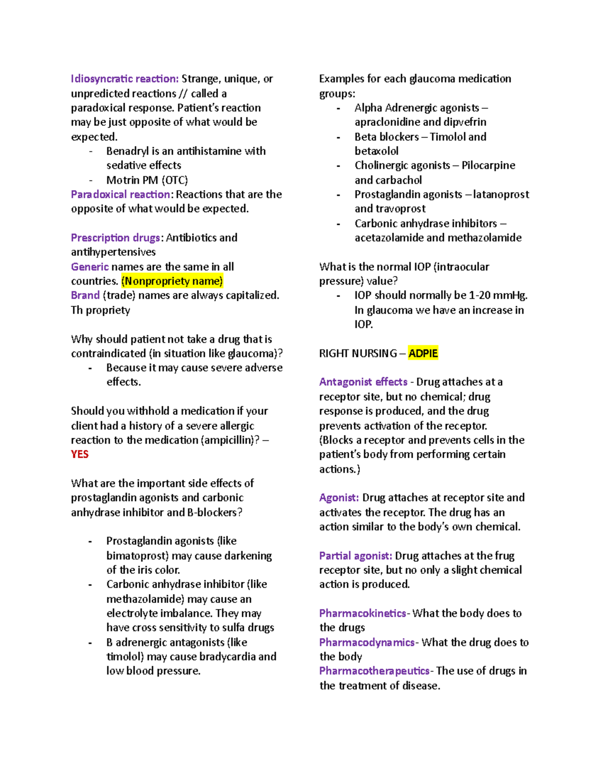 Pharm Q2 - Lecture notes 3,4,18 - Idiosyncratic reaction: Strange ...