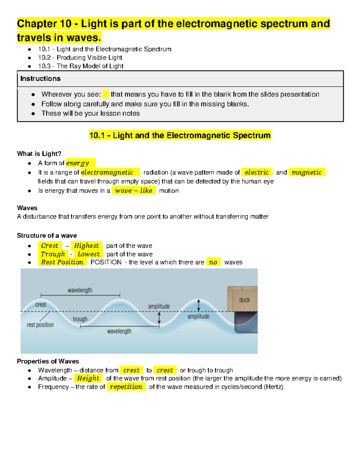 Part 1 Chapter 10 Student Notes [With Blanks] - Chapter 10 - Light is ...