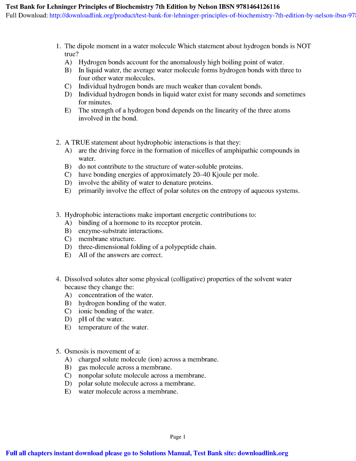 Test Bank For Lehninger Principles Of Biochemistry 7th Edition By ...