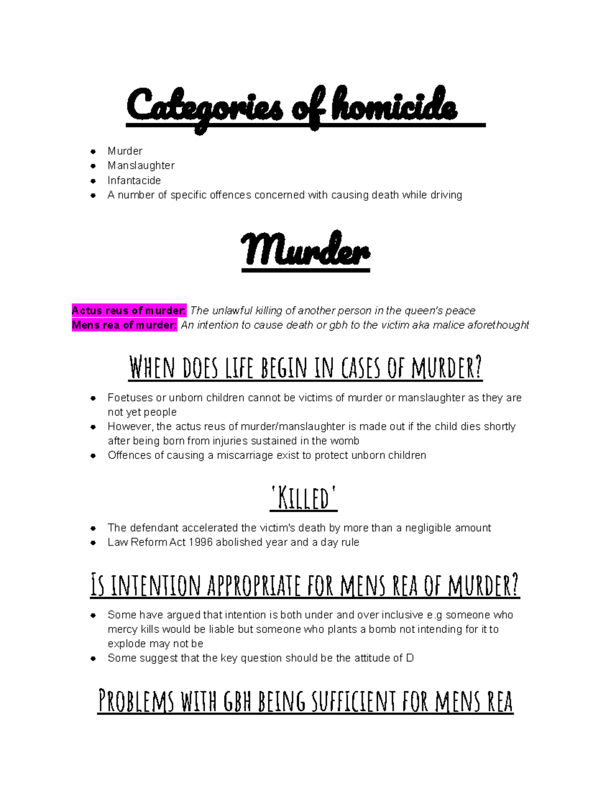 Crim - Homicide - Ca tegories of homicide Murder Manslaughter ...
