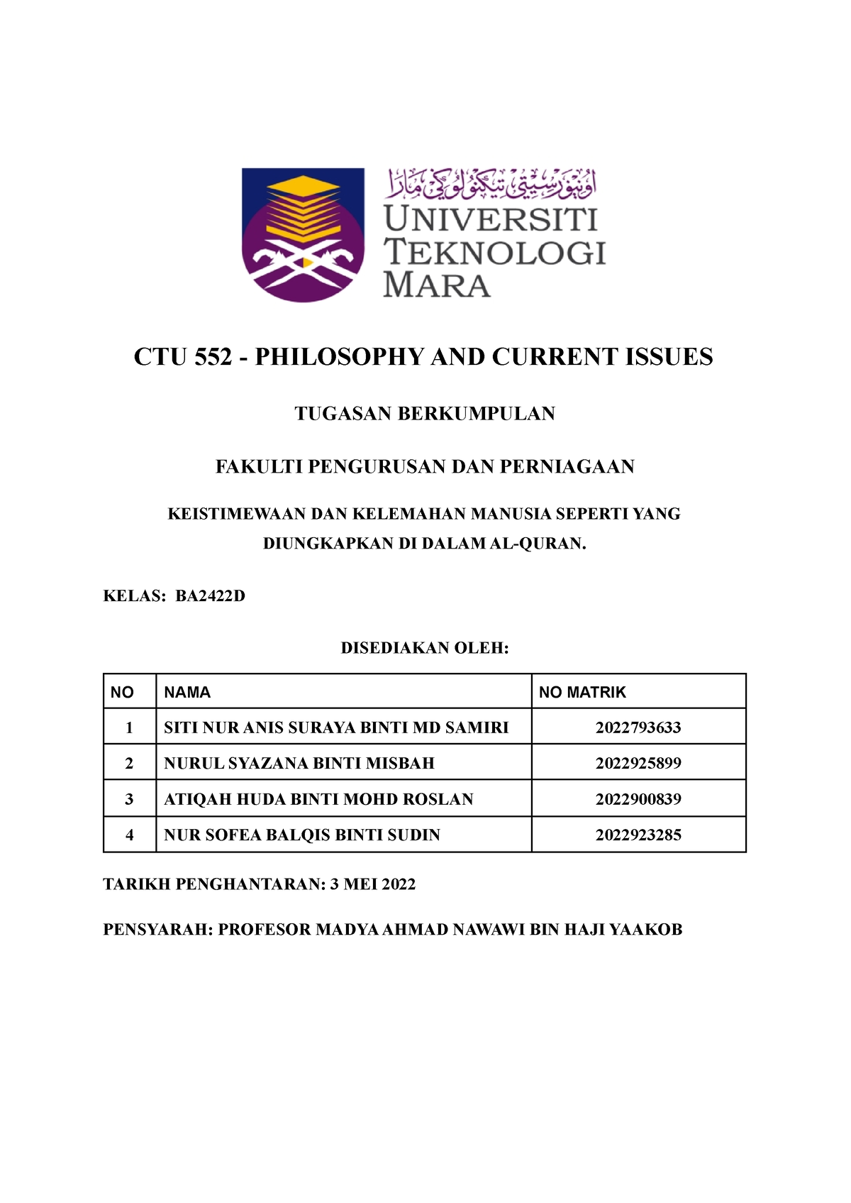 CTU 552 Konsep Insan - GROUP ASSIGNMENT - CTU 552 - PHILOSOPHY AND ...