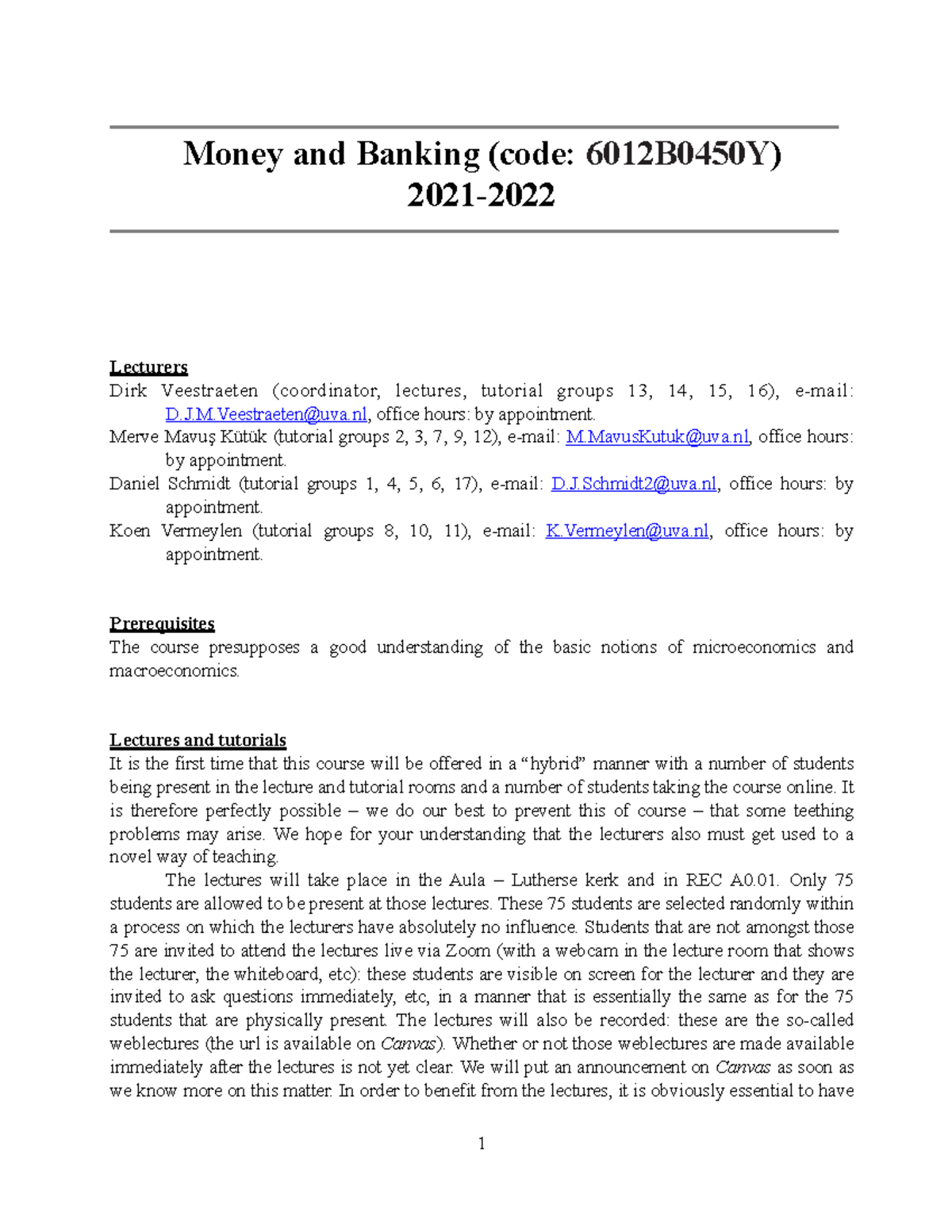MB Syllabus 202120221 for Money and Banking (code 6012B0450Y) 2021