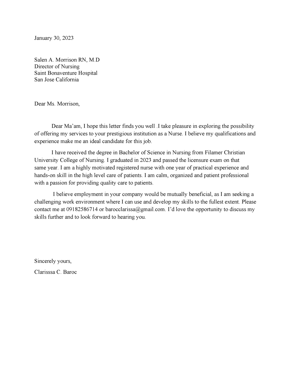 Application Letter - January 30, 2023 Salen A. Morrison RN, M Director ...