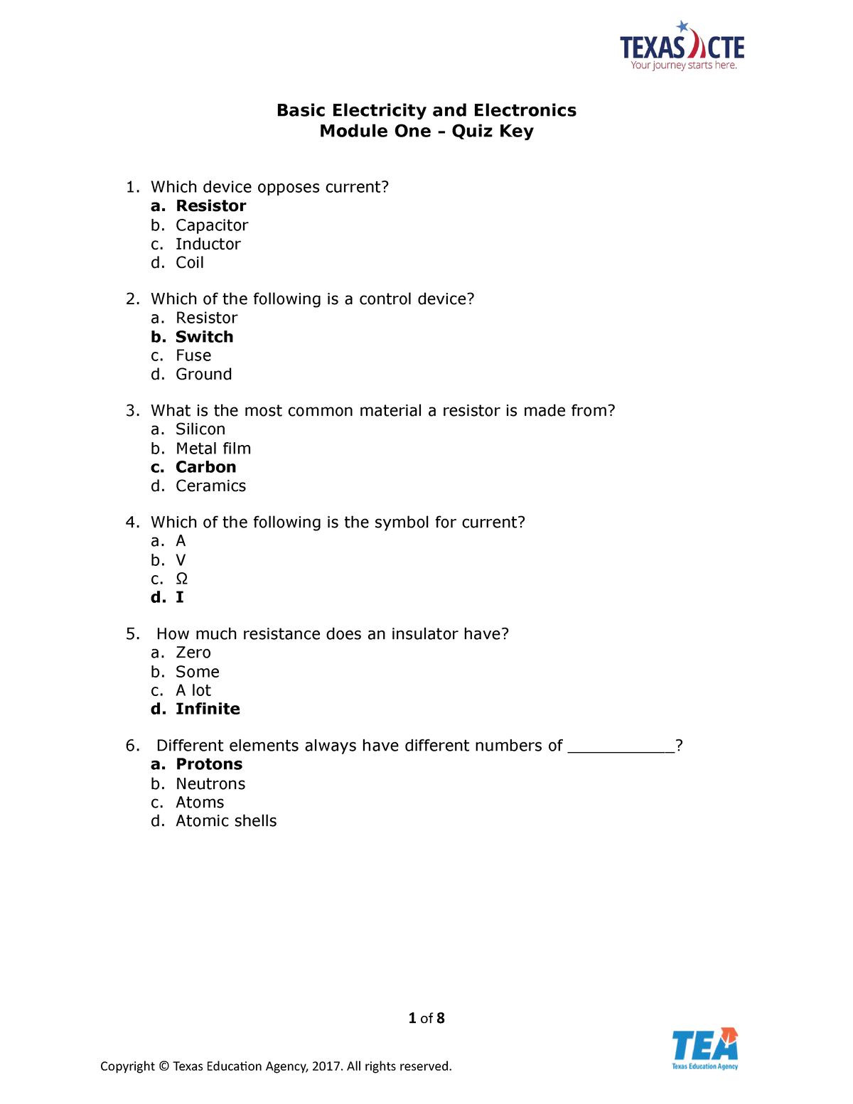 Basic Electricity And Electronics Module One – Quiz Key - Resistor B ...