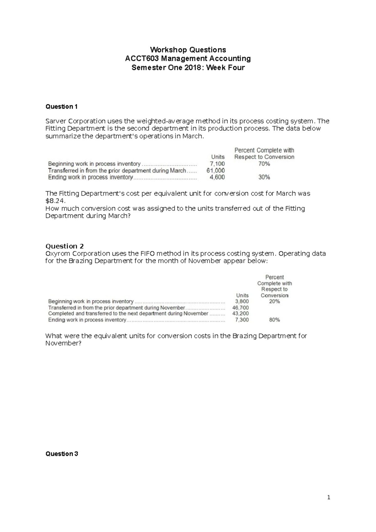 Week 4 Workshop Problems - Workshop Questions ACCT603 Management ...