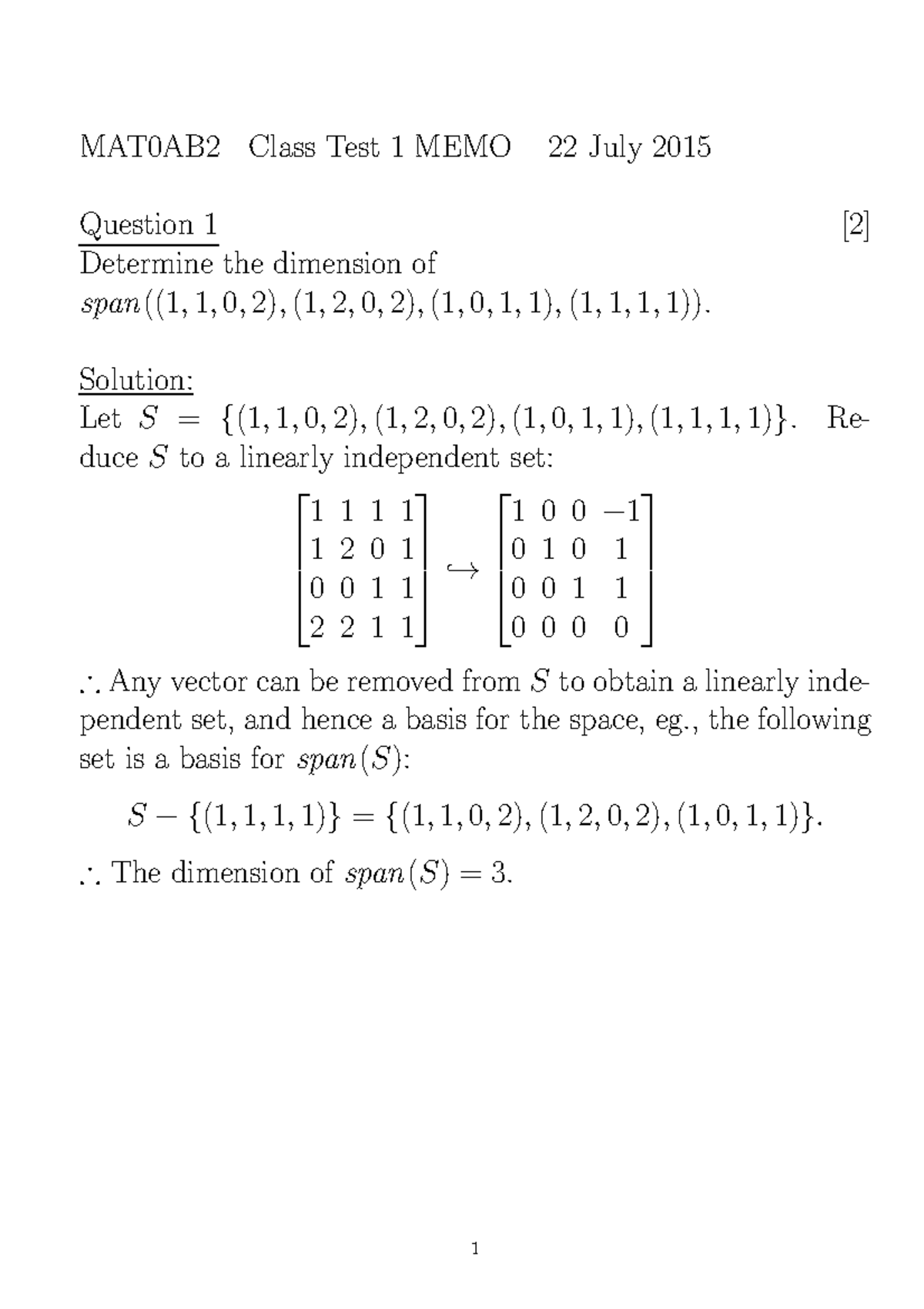 Class test 1 MEMO - MAT0AB2 Class Test 1 MEMO 22 July 2015 Question 1 ...
