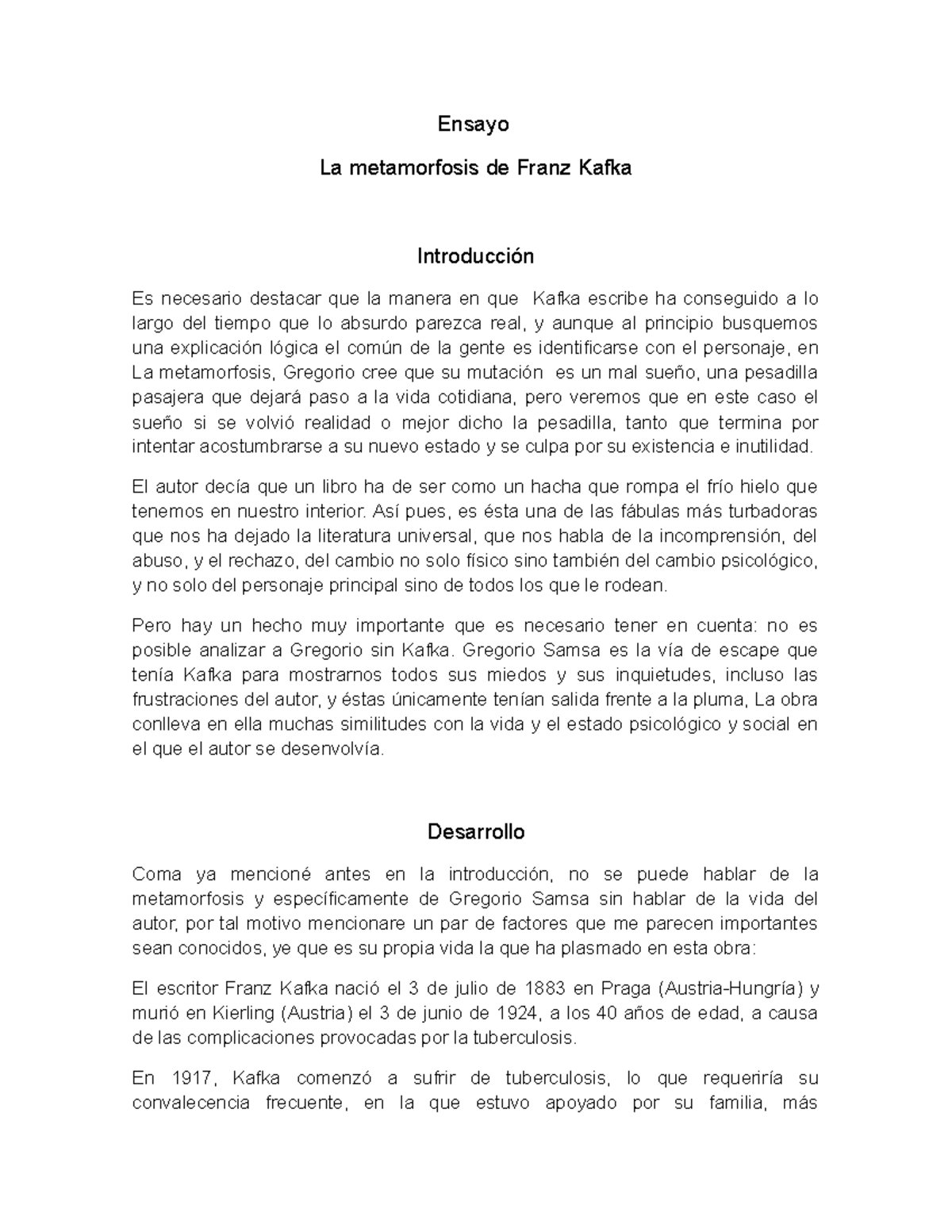 Ensayo La Metamorfosis De Kafka Ensayo La Metamorfosis De Franz Kafka Es Necesario Destacar Que Studocu