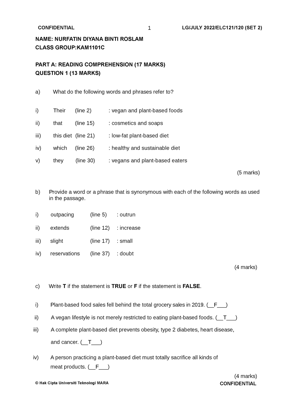 Answer Sheet Set 2 ELC121 July 2022 - CONFIDENTIAL 1 LG/JULY 2022 ...