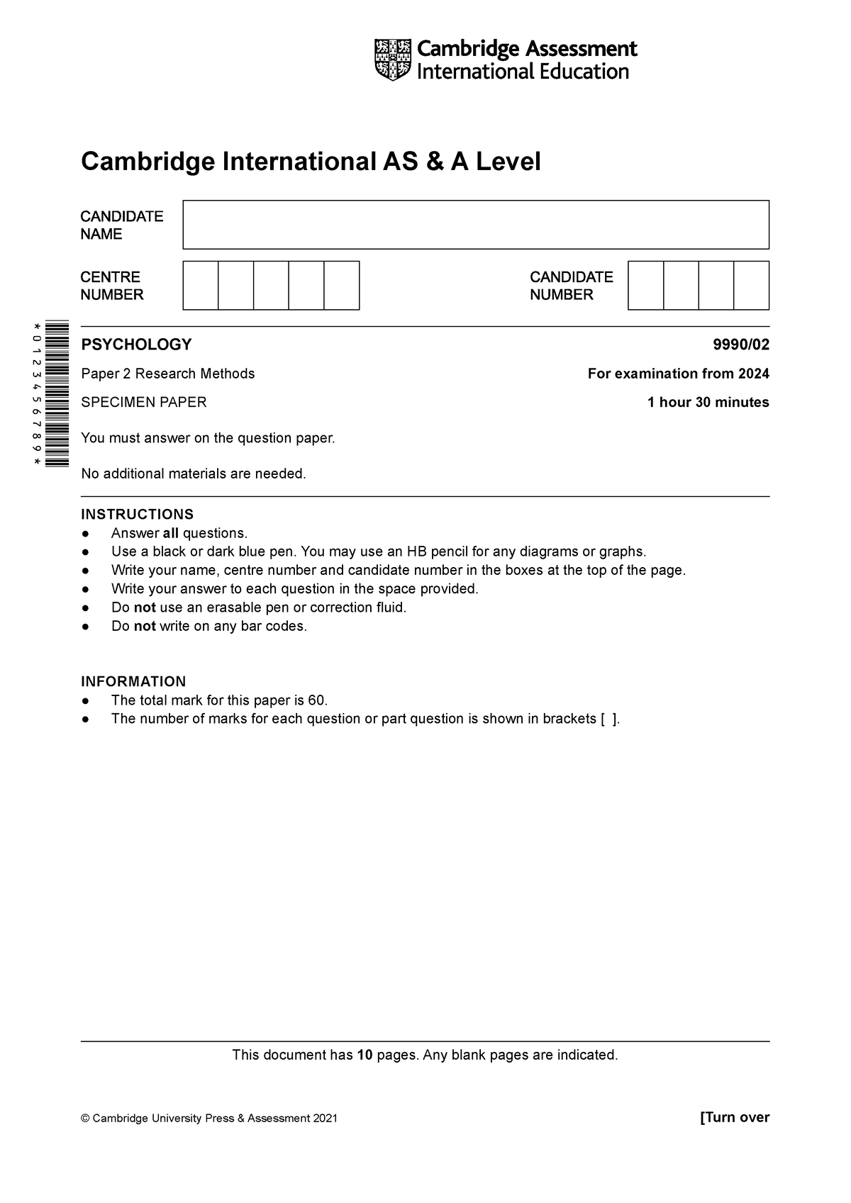 634535 2024 Specimen Paper 2 - PSYCHOLOGY 9990/ Paper 2 Research ...