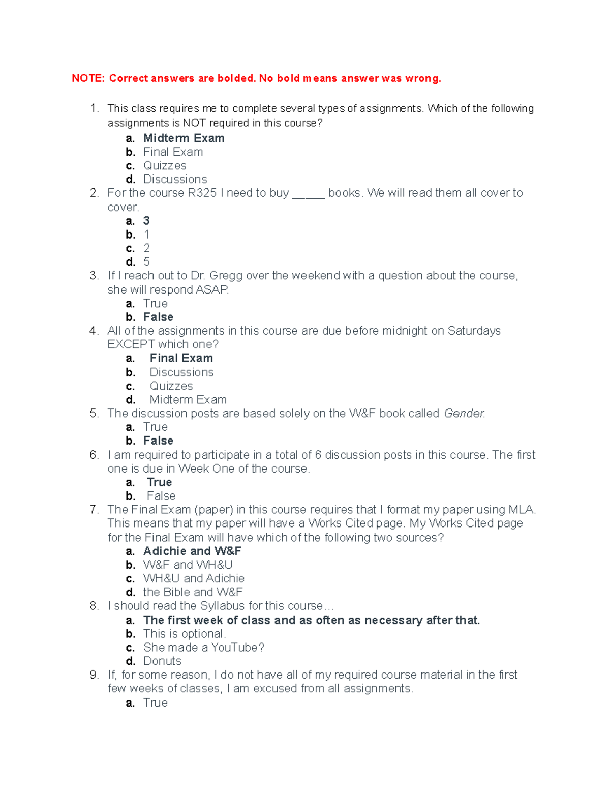 Gender and Society: Syllabus Quiz - NOTE: Correct answers are bolded ...