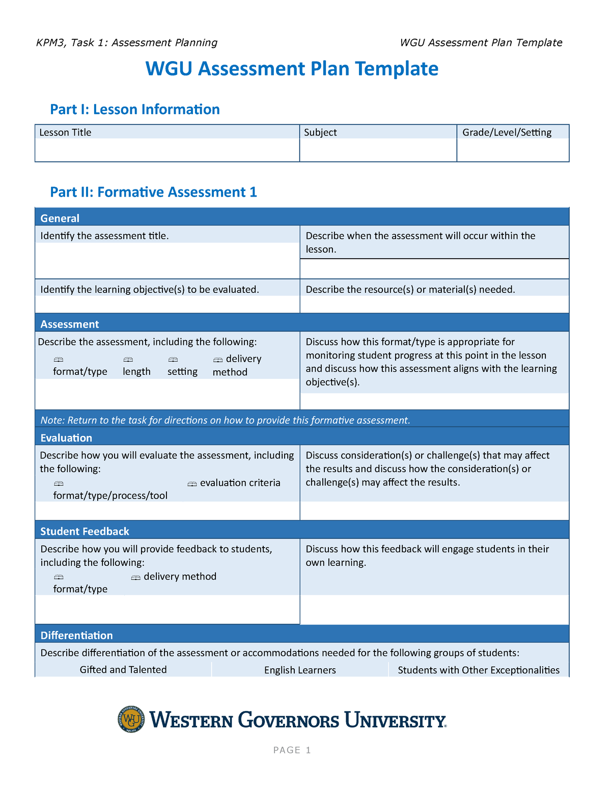 Wgu Assessment Plan Template Describe When The Assessment Will Occur