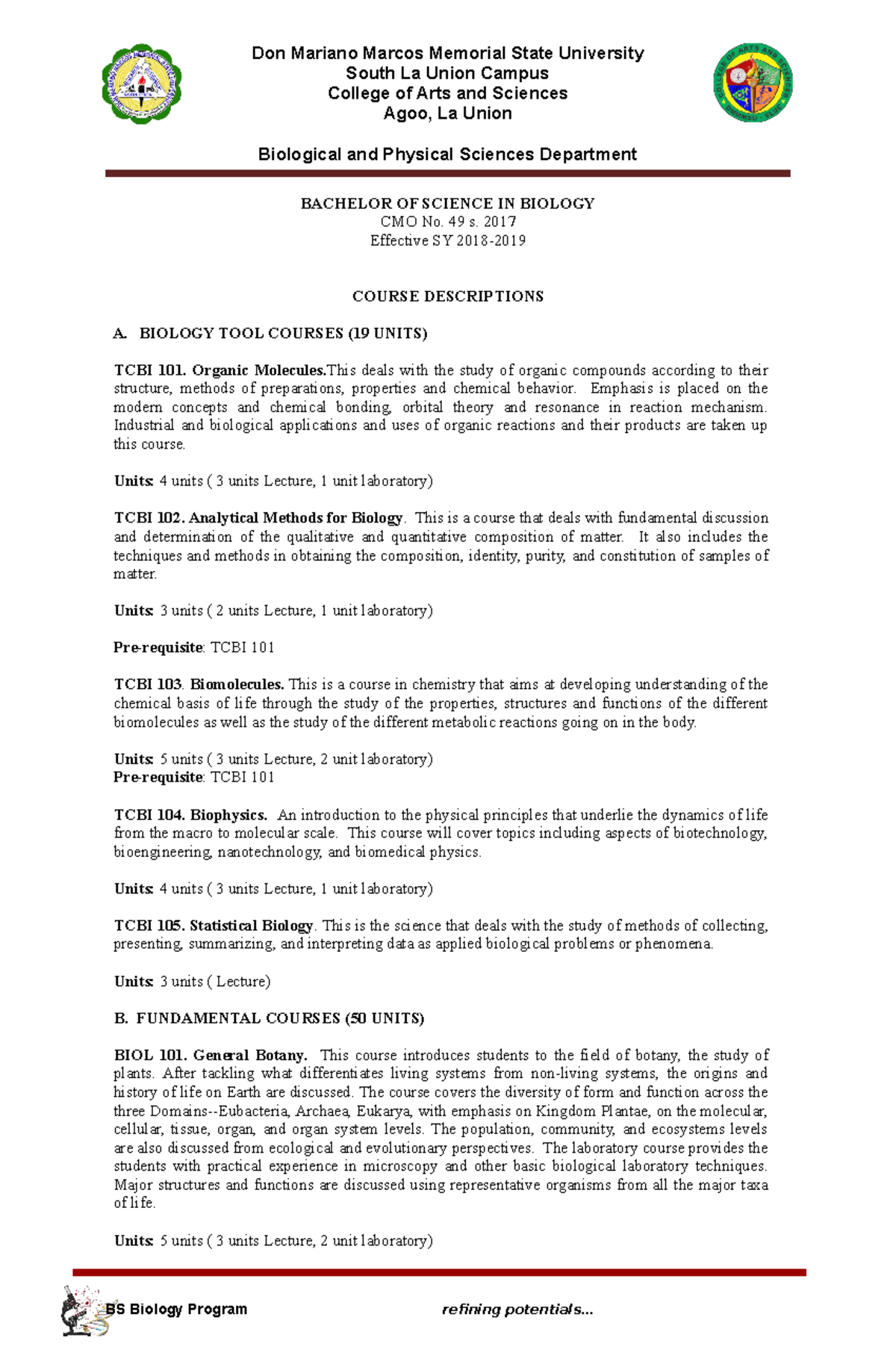 Course descriptions of BS Biology subjects South La Union Campus College of Arts and Sciences