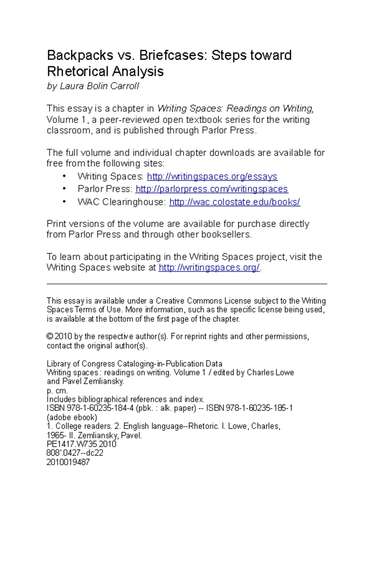 Laura Bolin Carroll Backpacks vs Briefcases Steps toward Rhetorical