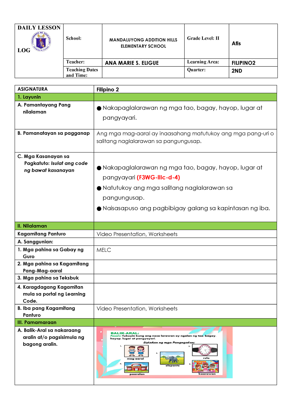 Dlp Pang Uri Sample Lesson Plan In Filipino Daily Lesson Log School Mandaluyong Addition 6090