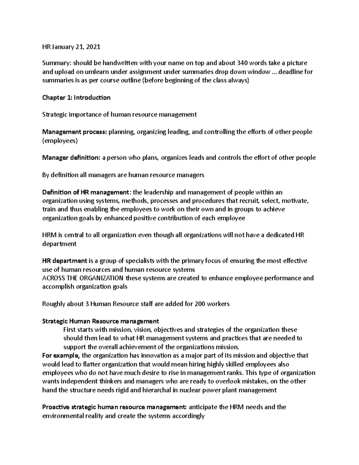 HR Chapter 1 - Lecture notes - HR January 21, 2021 Summary: should be ...