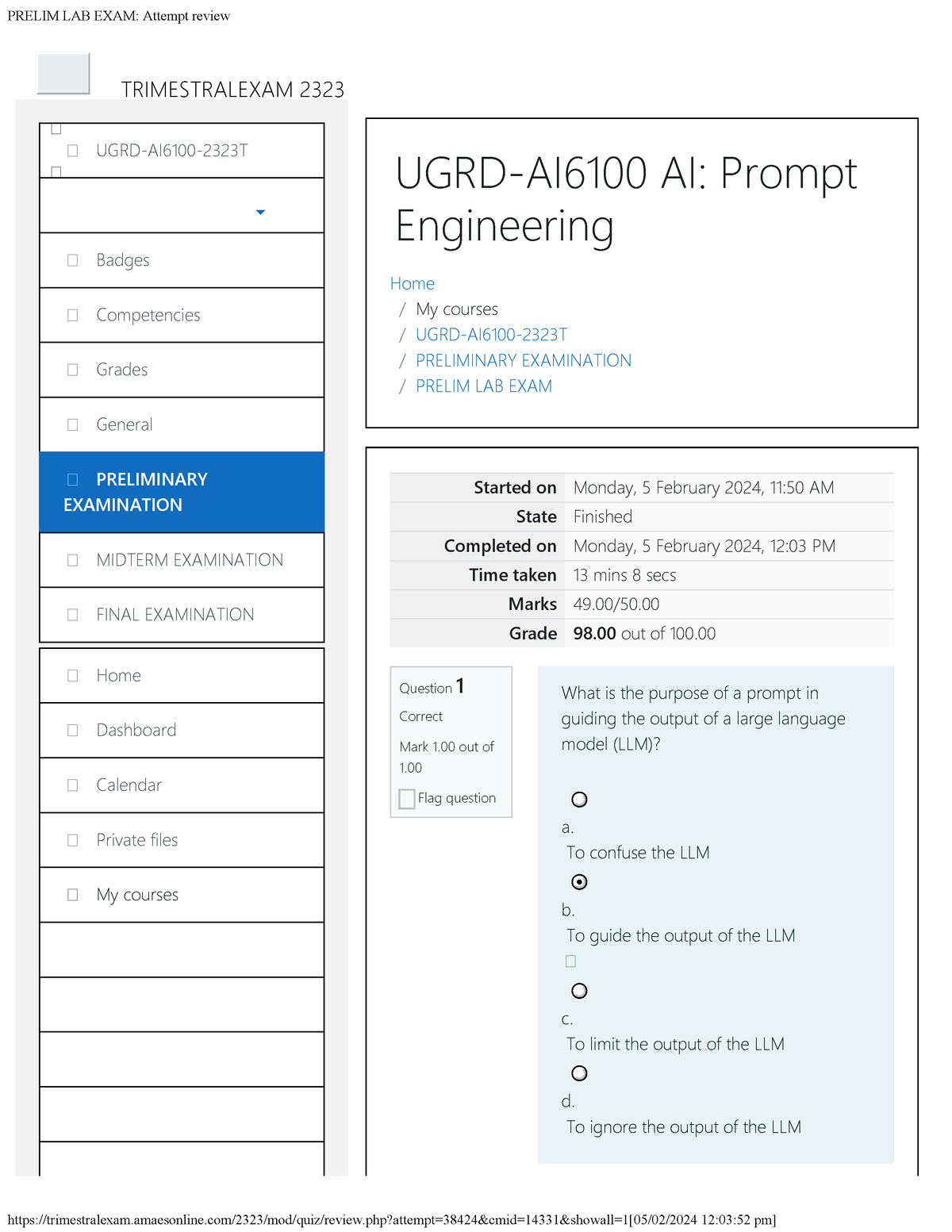 Prelim LAB EXAM Attempt Review - / / / / Home My Courses UGRD-AI6100 ...