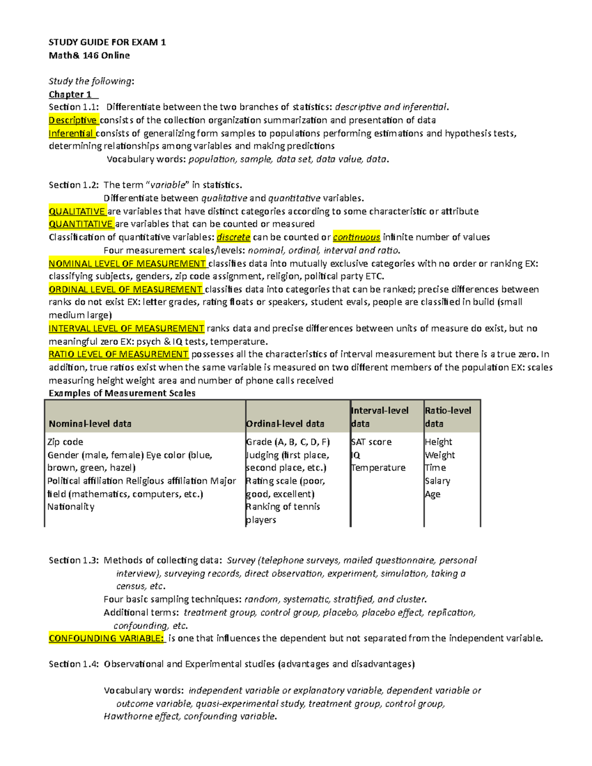 Study Guide Exam 1 Intro to Statistics - STUDY GUIDE FOR EXAM 1 Math ...