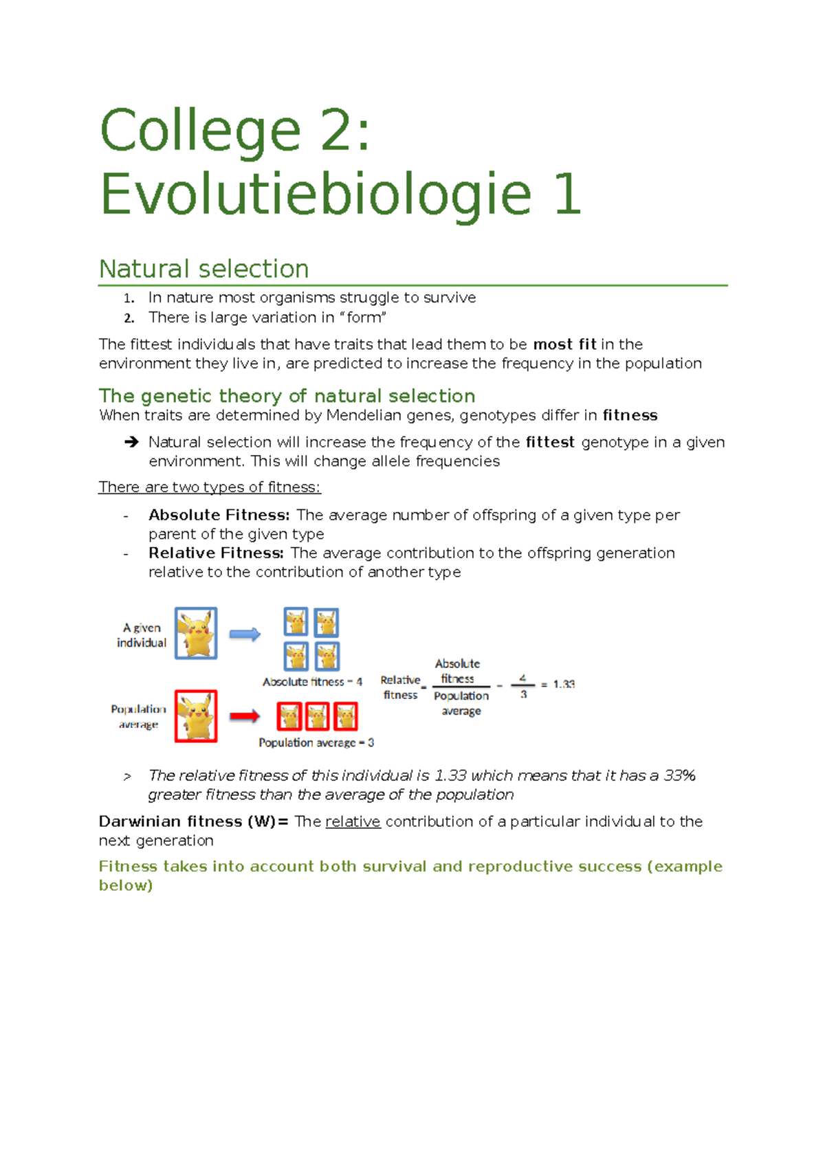 College 2 - Natural Selection - College 2: Evolutiebiologie 1 Natural ...