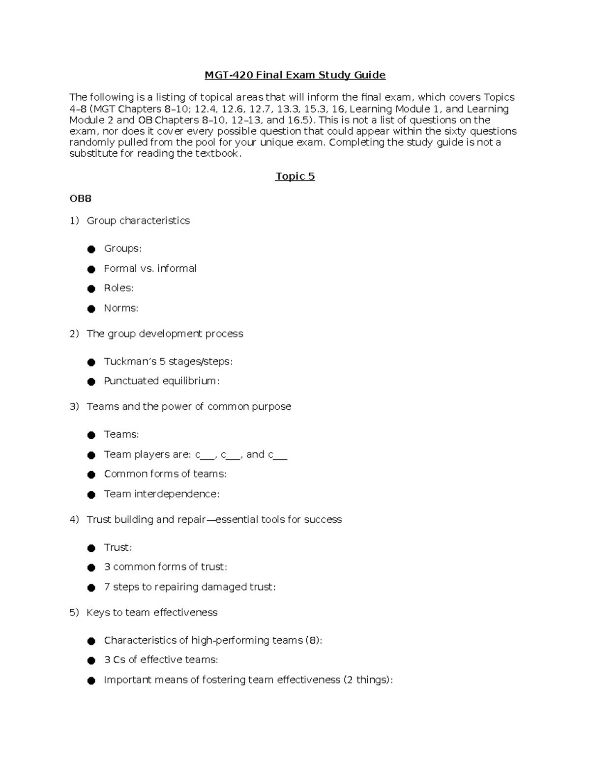 Final Exam Study Guide - This is not a list of questions on the exam ...
