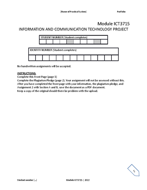 Assignment 1 General Feedback - Student number [...]. Module ICT3715 ...