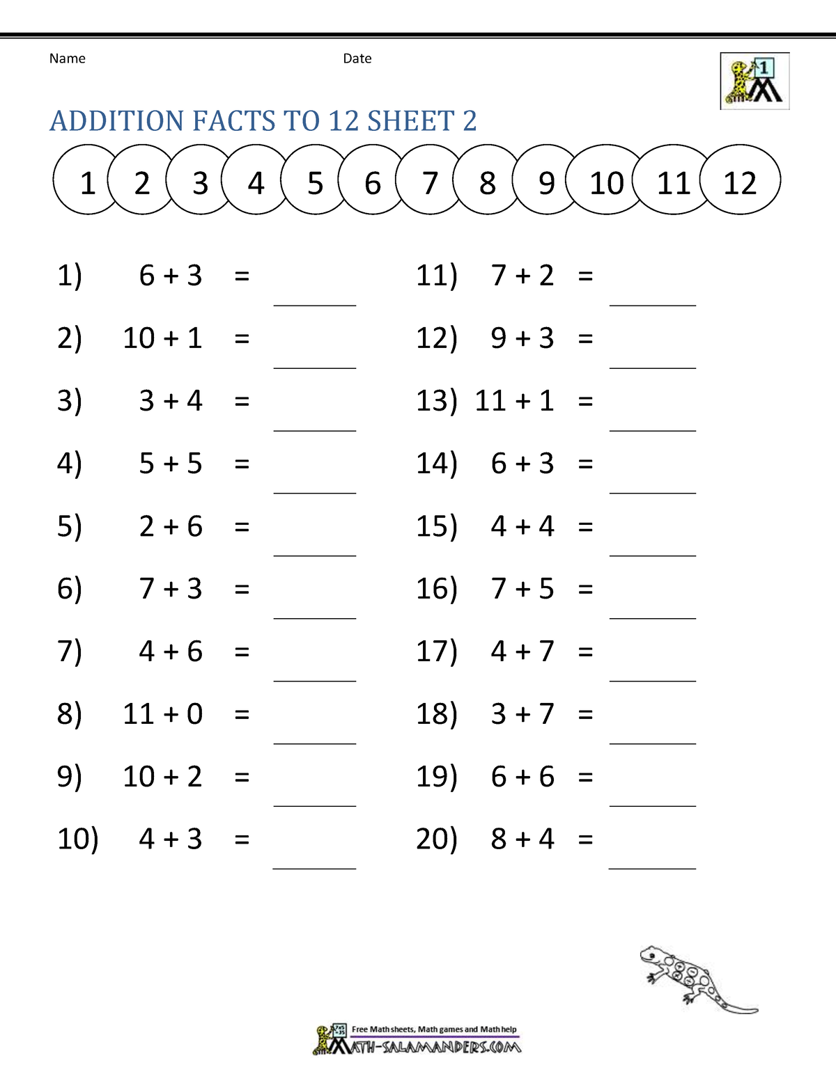 Addition facts to 12 2 - Math - Name Date ADDITION FACTS TO 12 SHEET 2 ...