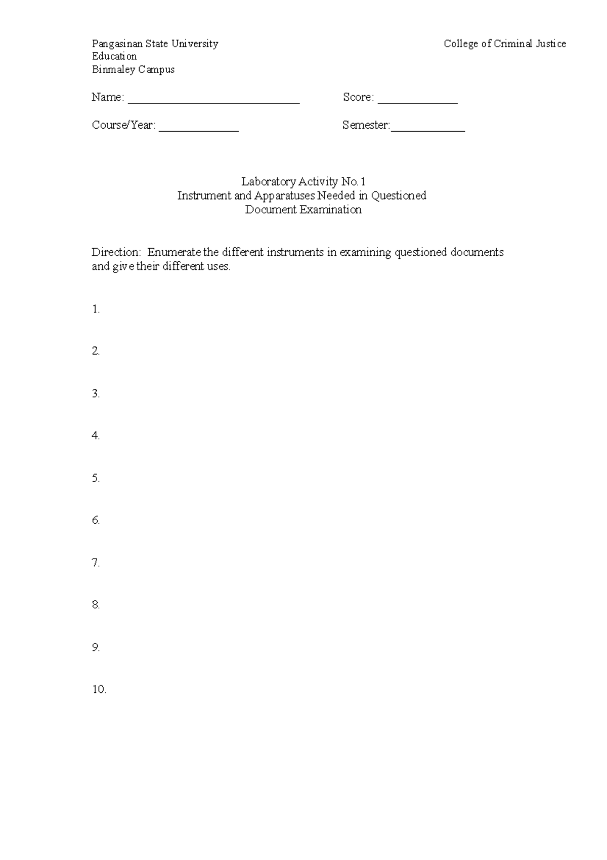 Question document laboratory manuals Vvvvv - Binmaley Campus Name